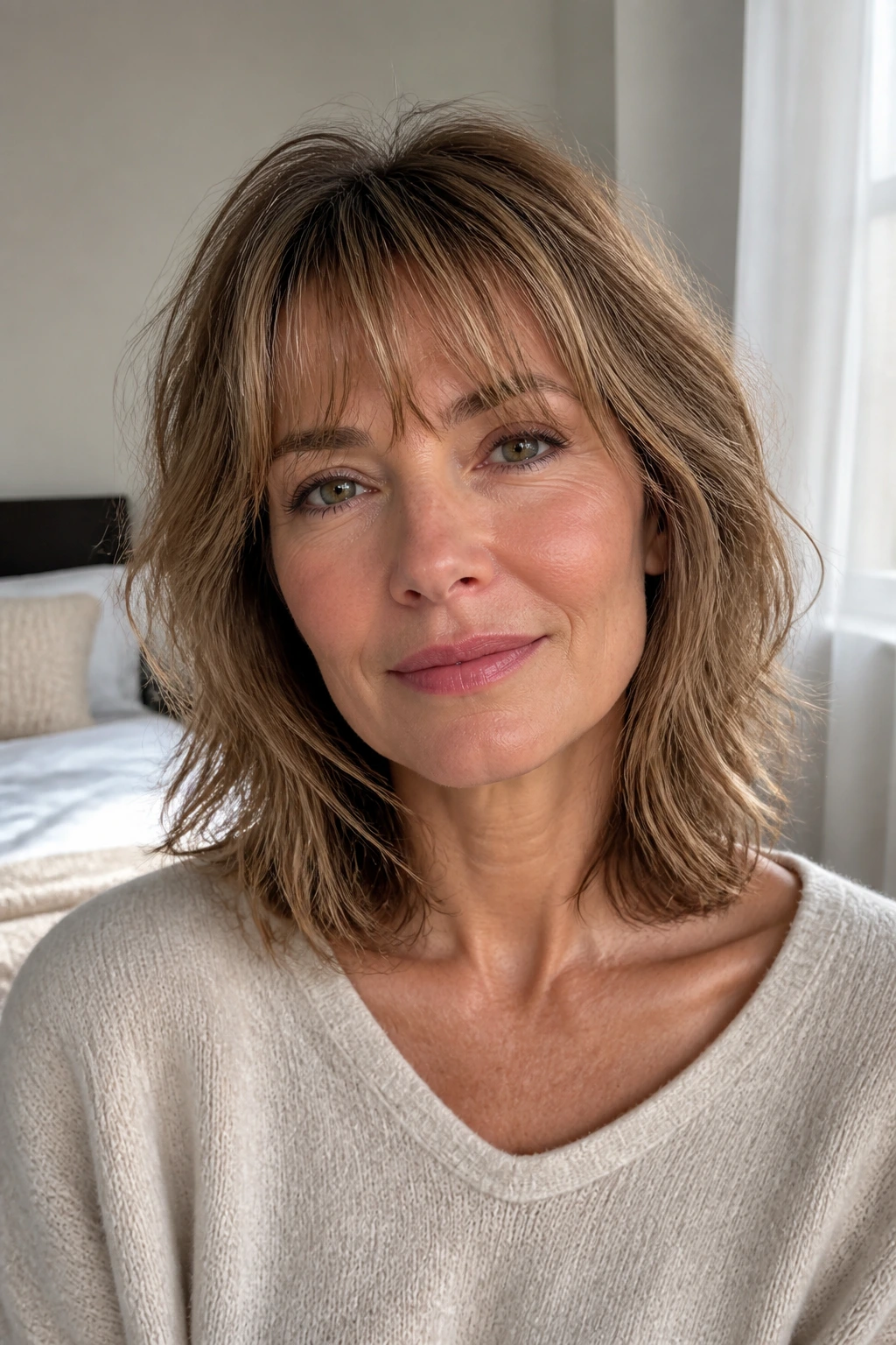 Close-up portrait of a real woman with collarbone-length shag and wispy bangs in warm window light