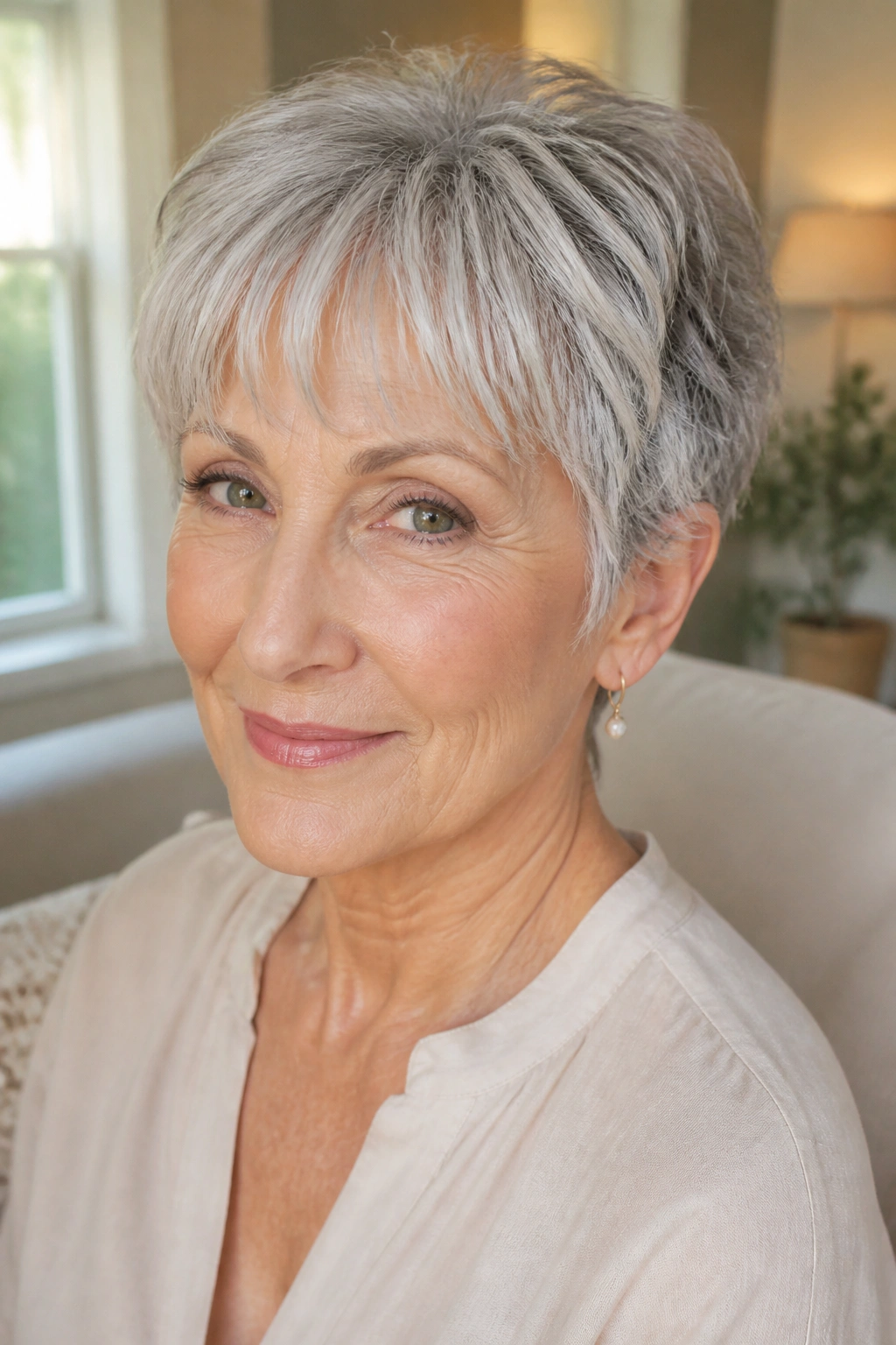 Close-up of a real woman with wispy bangs and cropped cut in warm light