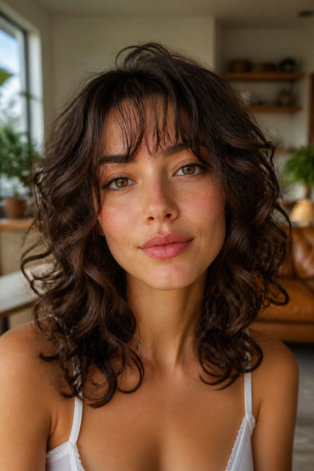Close-up of a real woman with wispy bangs and curly shag hairstyle in natural window light
