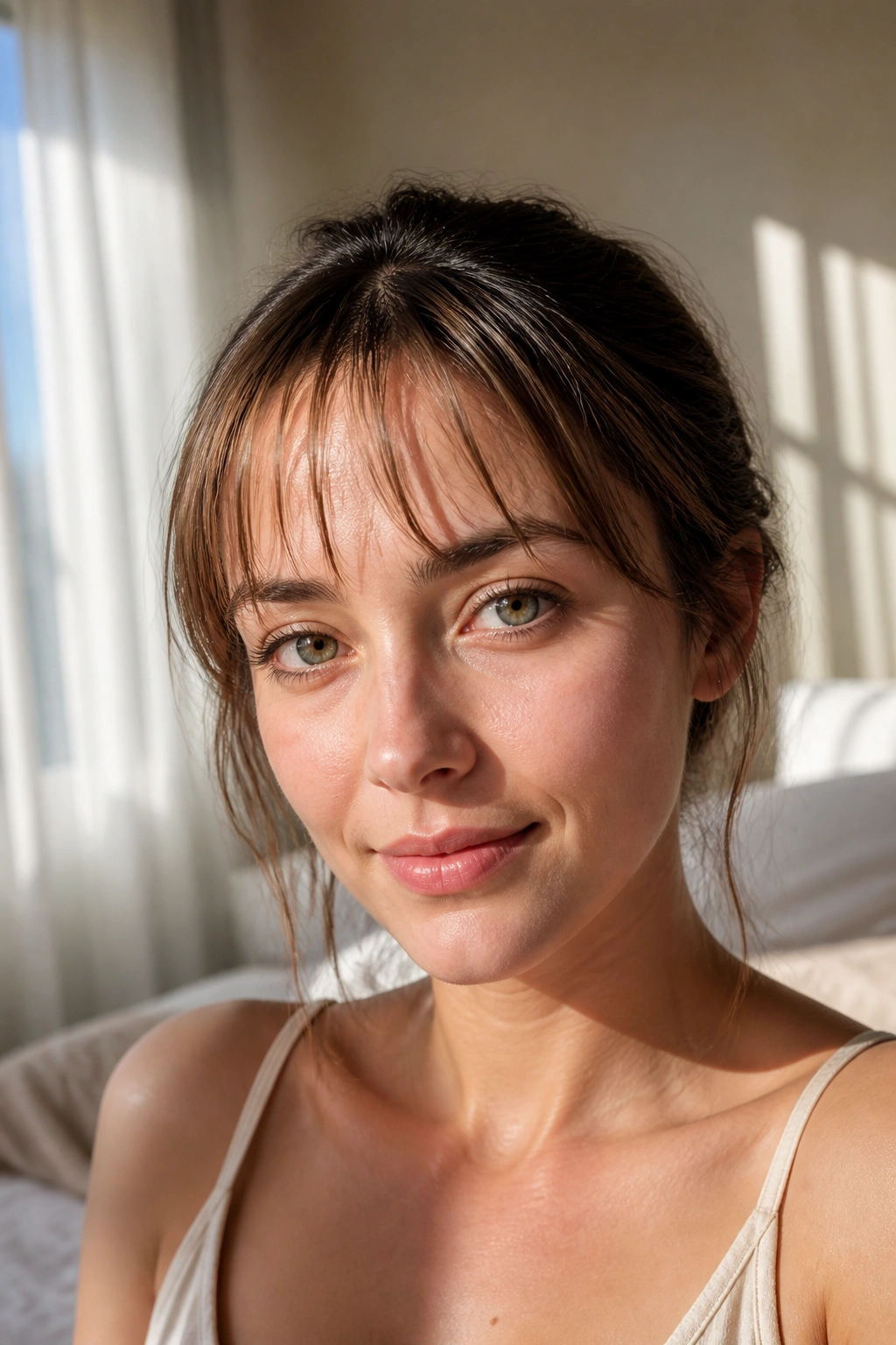 Close-up portrait of a real person with wispy bangs above the forehead