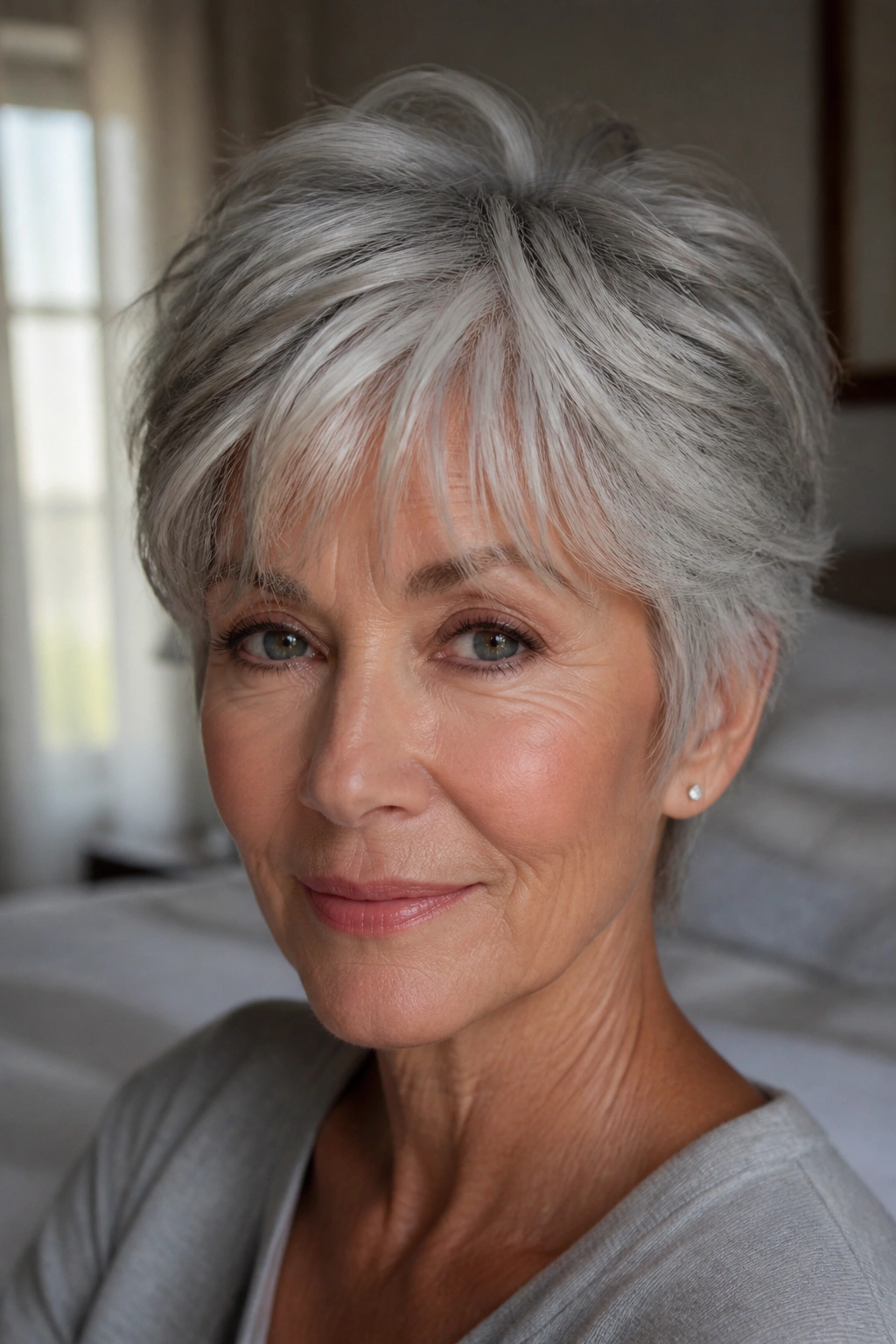 Close-up portrait of a real woman with tousled crop and wispy bangs, gray hair.
