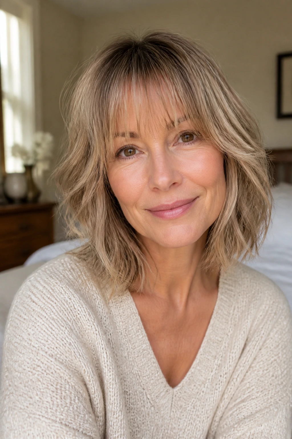 Close-up of a real woman with wispy bangs and soft perimeter