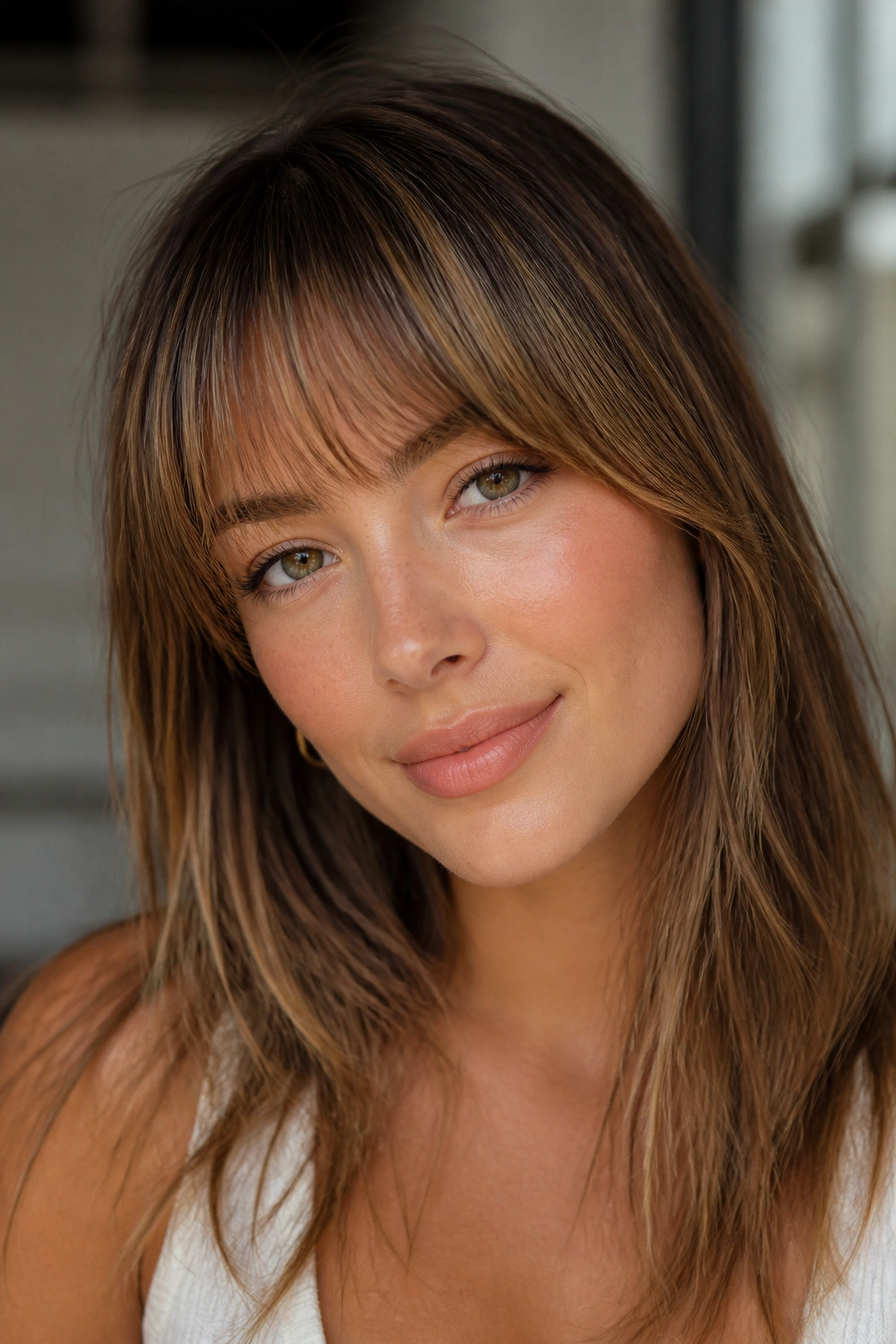 Close-up of wispy bangs with honey babylights