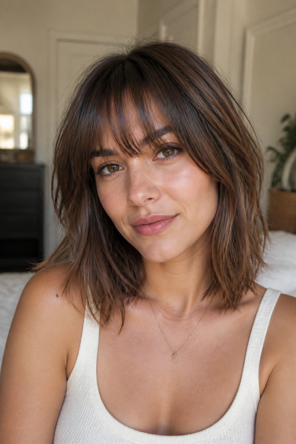 Close-up portrait of a real woman with a layered lob and wispy bangs