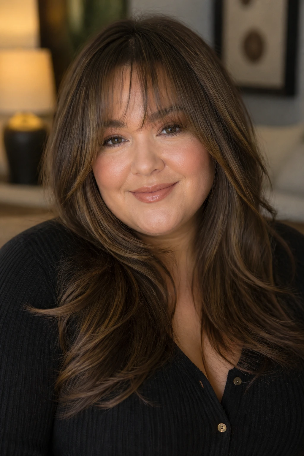Close-up of real woman with wispy bangs and soft layers.