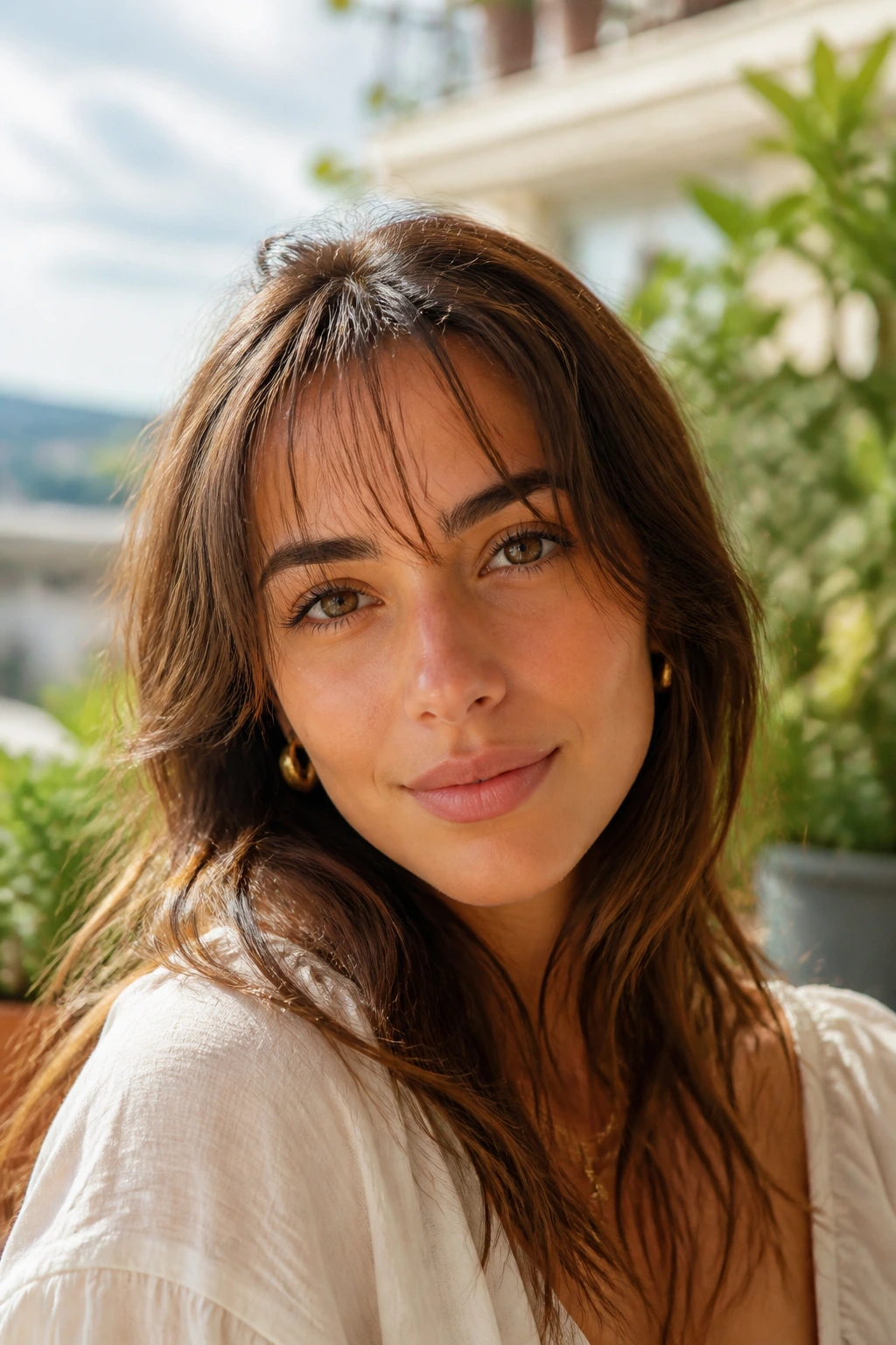 Real woman with wispy bangs in sunlit outdoor setting