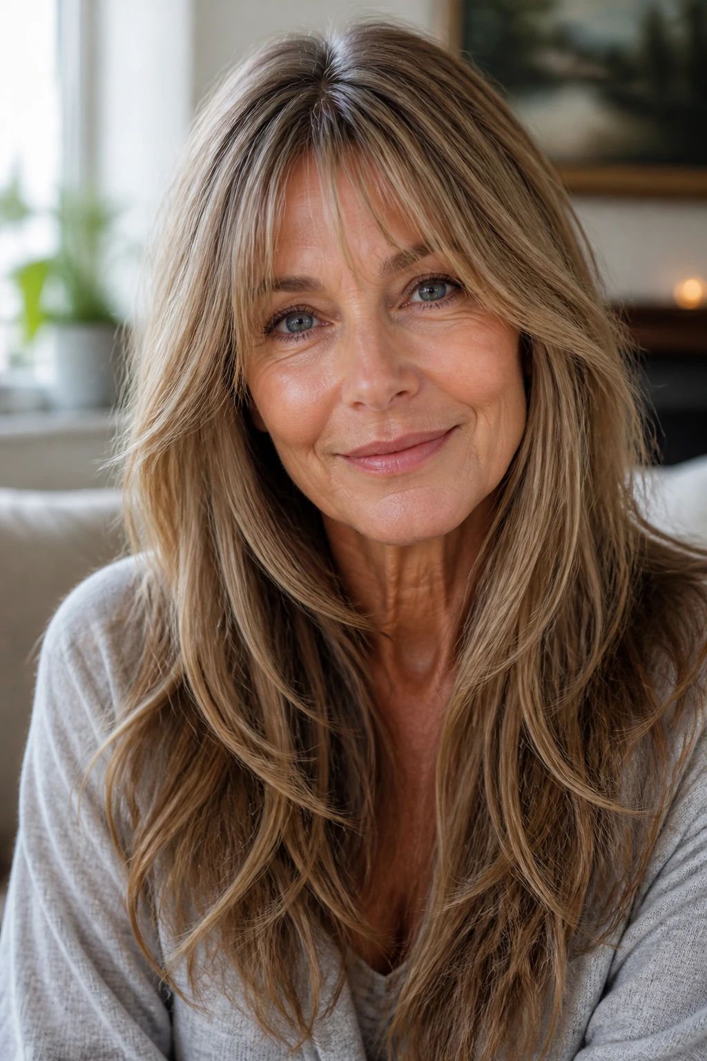 Close-up of a real woman with long hair and wispy bangs.