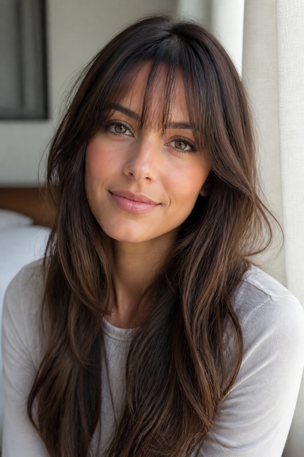 Woman with wispy bangs and long flowing hair