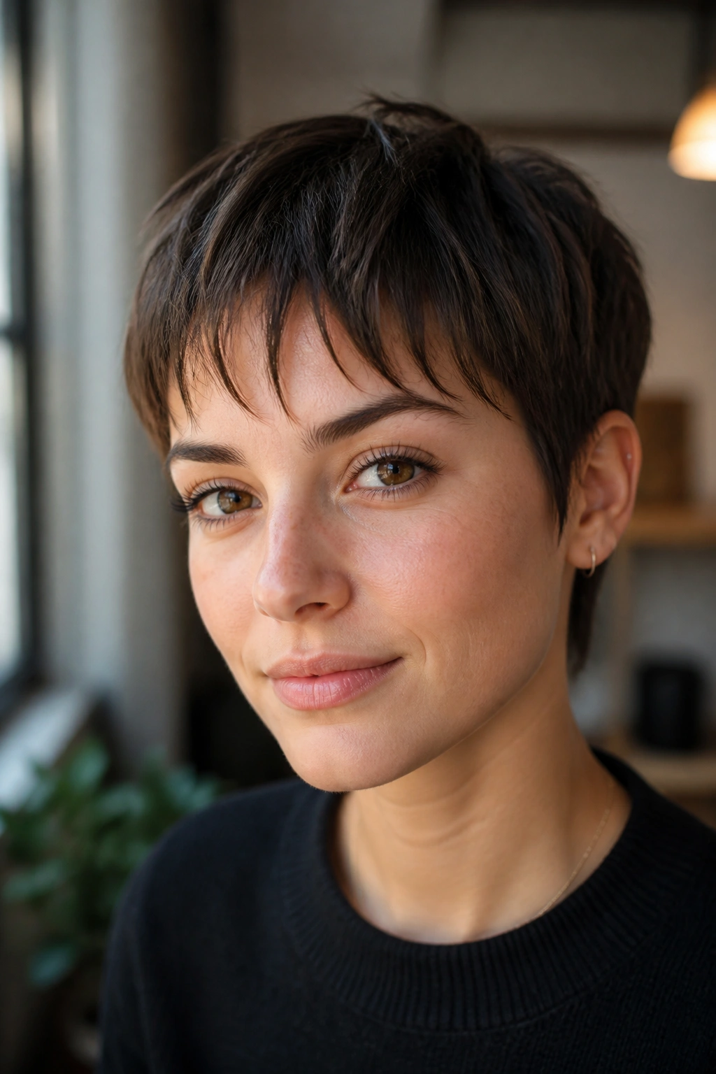 Close-up portrait of a real person with wispy baby bangs on a long pixie in soft natural light