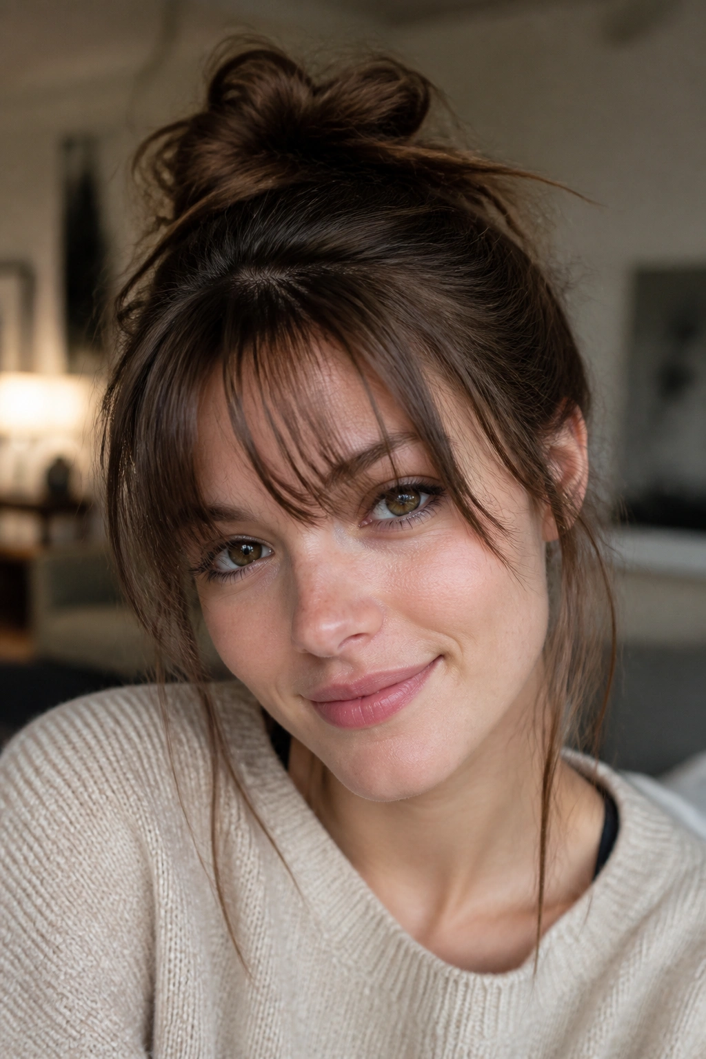Close-up portrait of a real person with wispy bangs and a messy bun.