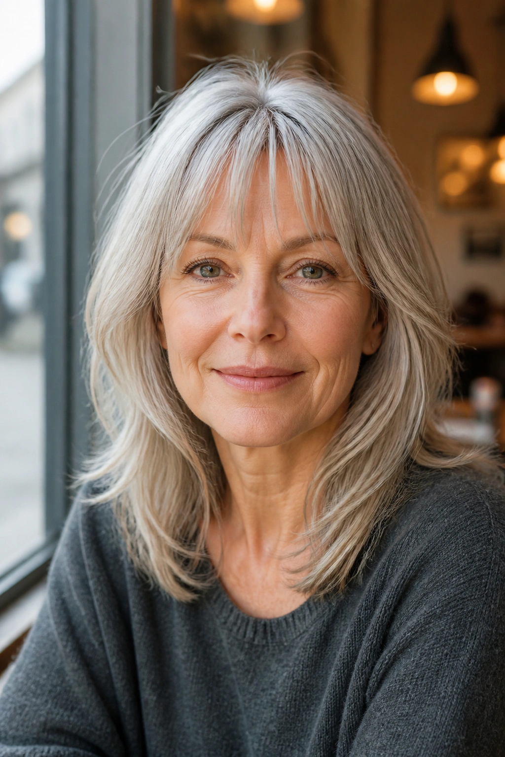 Close-up of a real woman with wispy bangs and midlength layers in window daylight