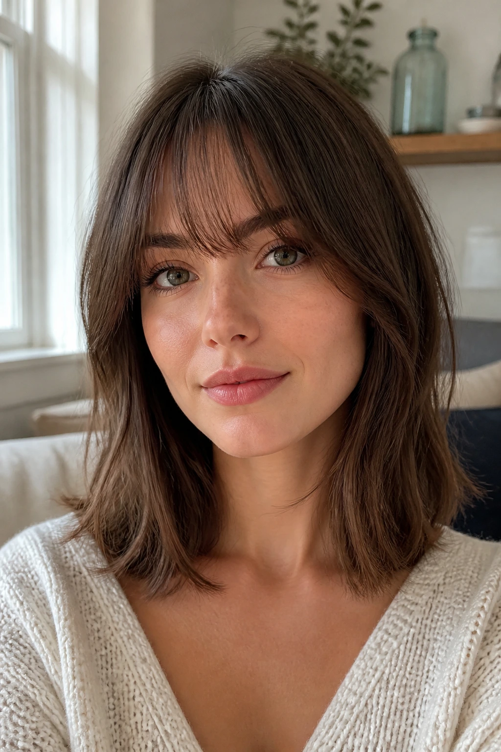 Close-up of a woman with wispy bangs and a midlength haircut in soft indoor light.