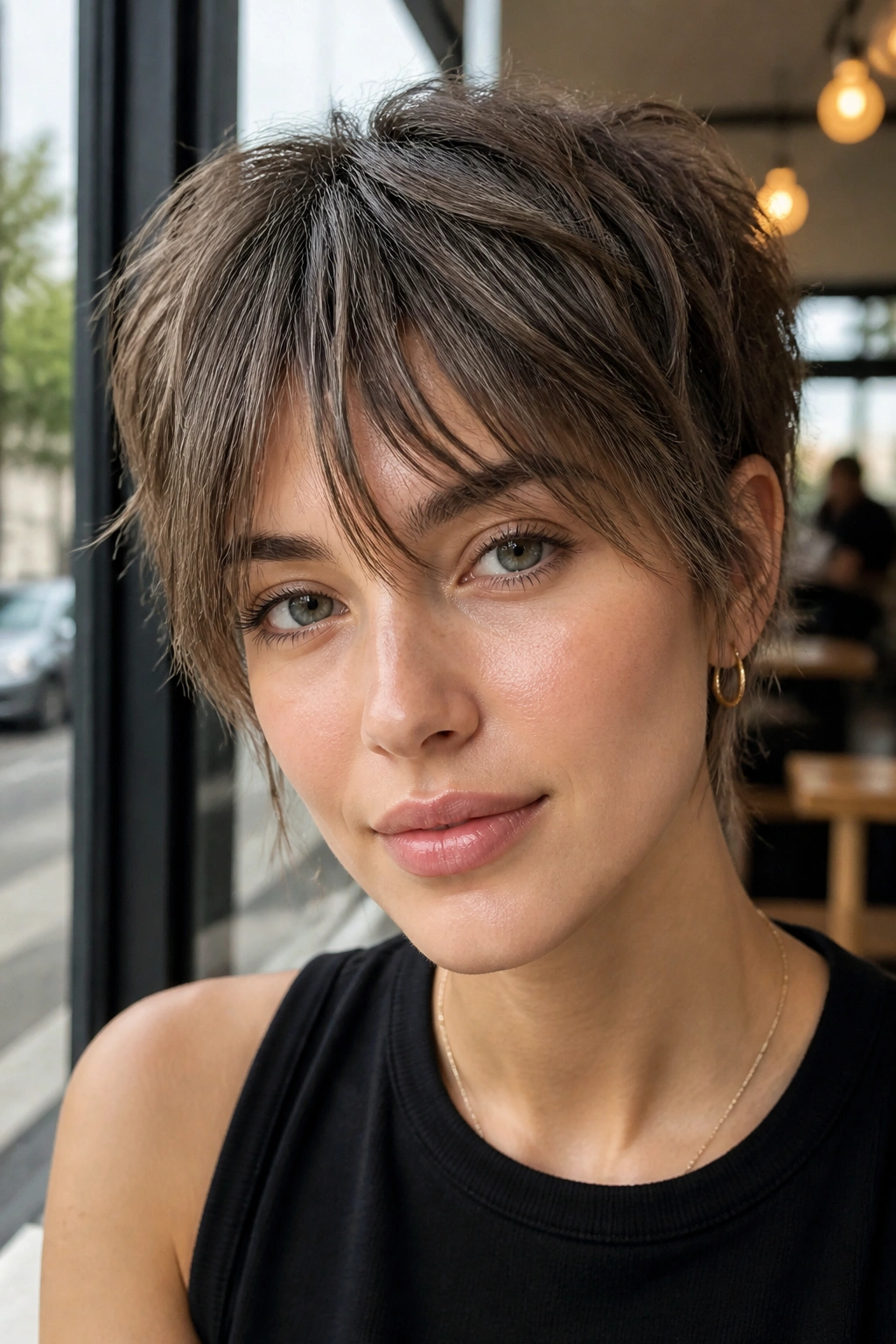 Close-up of a real woman with wispy bangs in a pixie cut, airy fringe.
