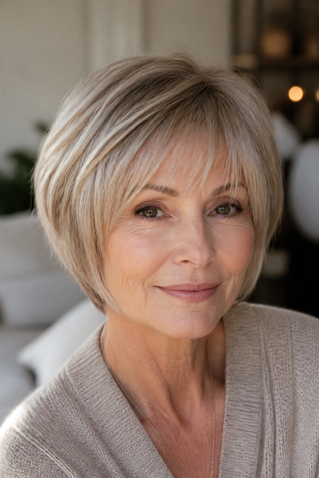 Portrait of a woman with wispy bangs on a long pixie bob