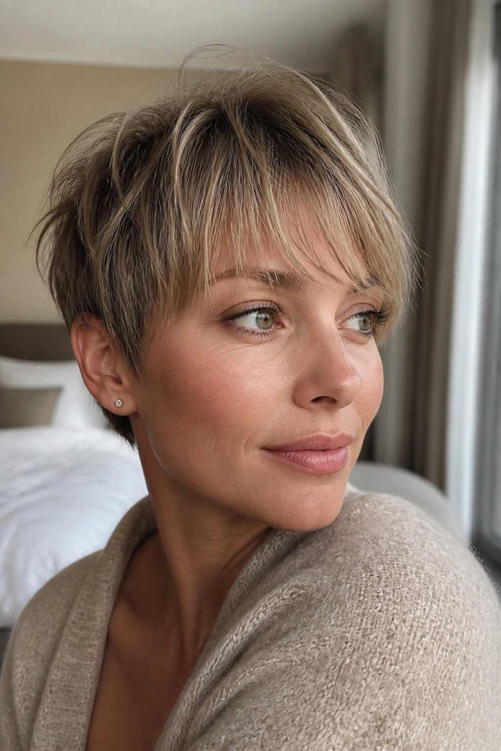 Real person with wispy bangs pixie showing soft, airy fringe