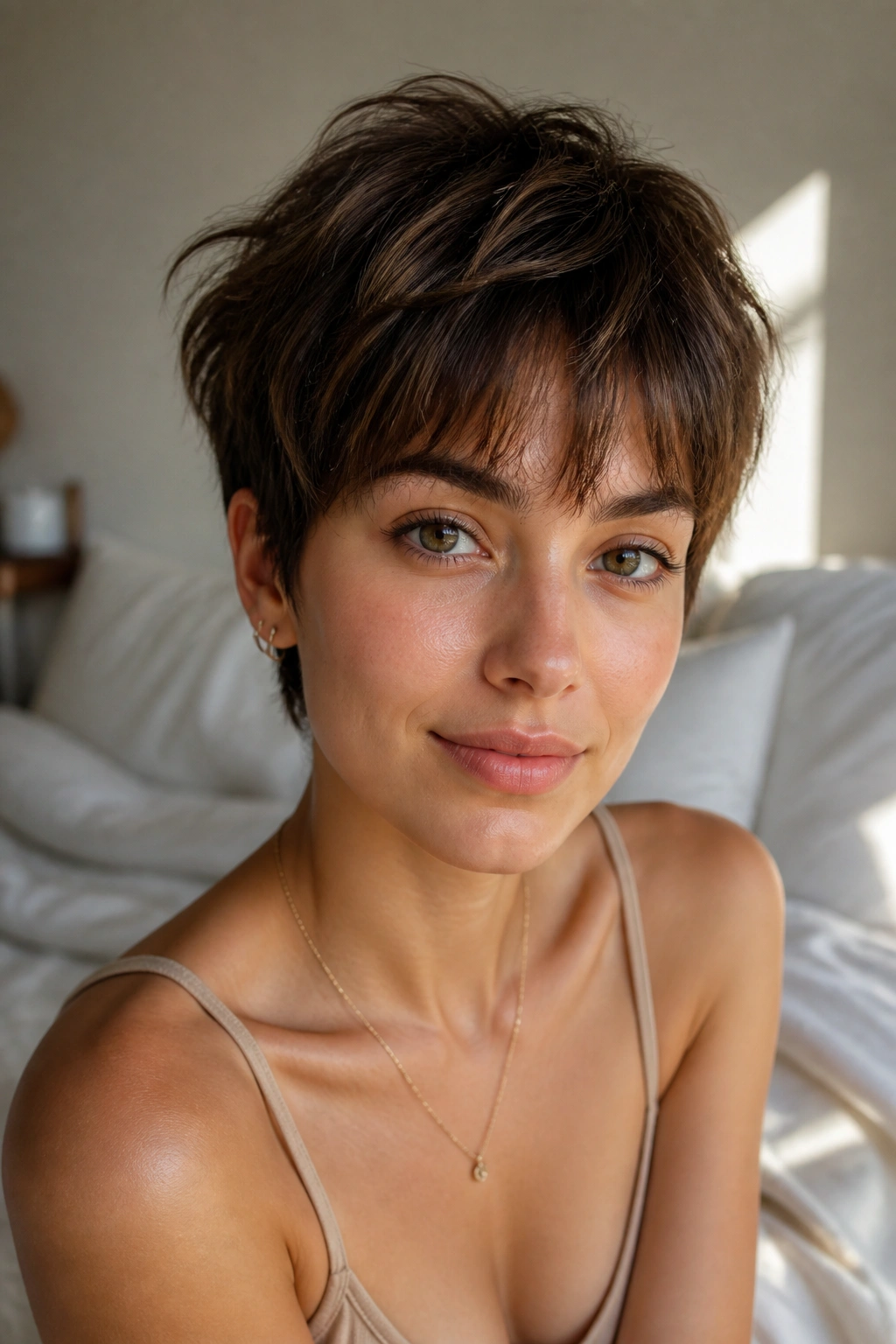 Portrait of real woman with wispy bangs pixie in soft window light