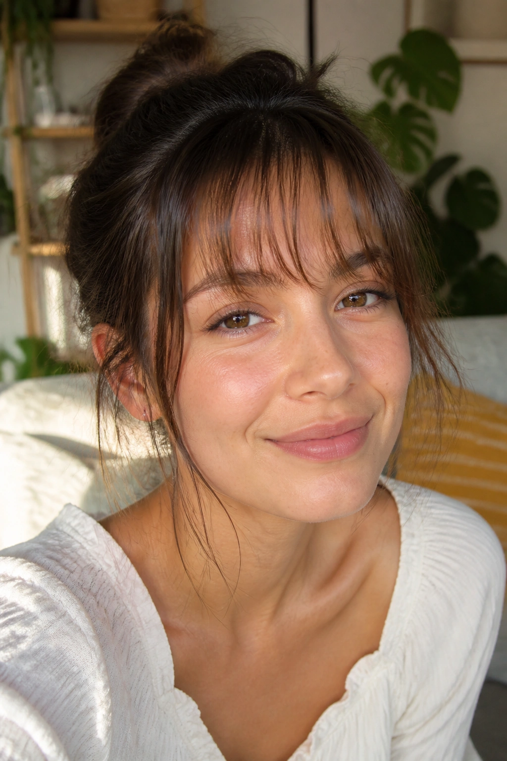 Close-up of a woman with wispy brow-grazing bangs showing skin through