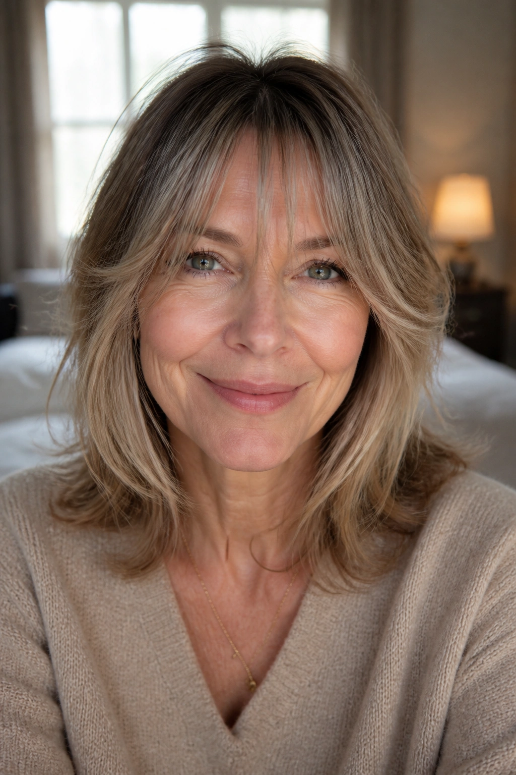 Close-up of a real woman with wispy airy bangs