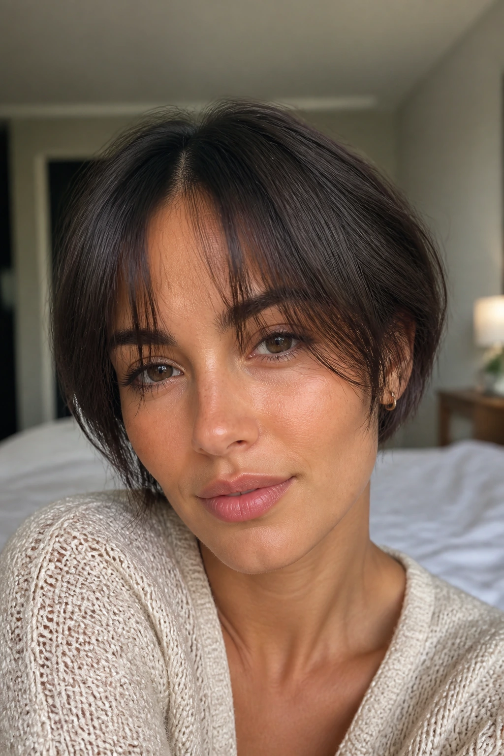 Close-up portrait of a real woman with wispy center-parted bangs in soft bedroom light
