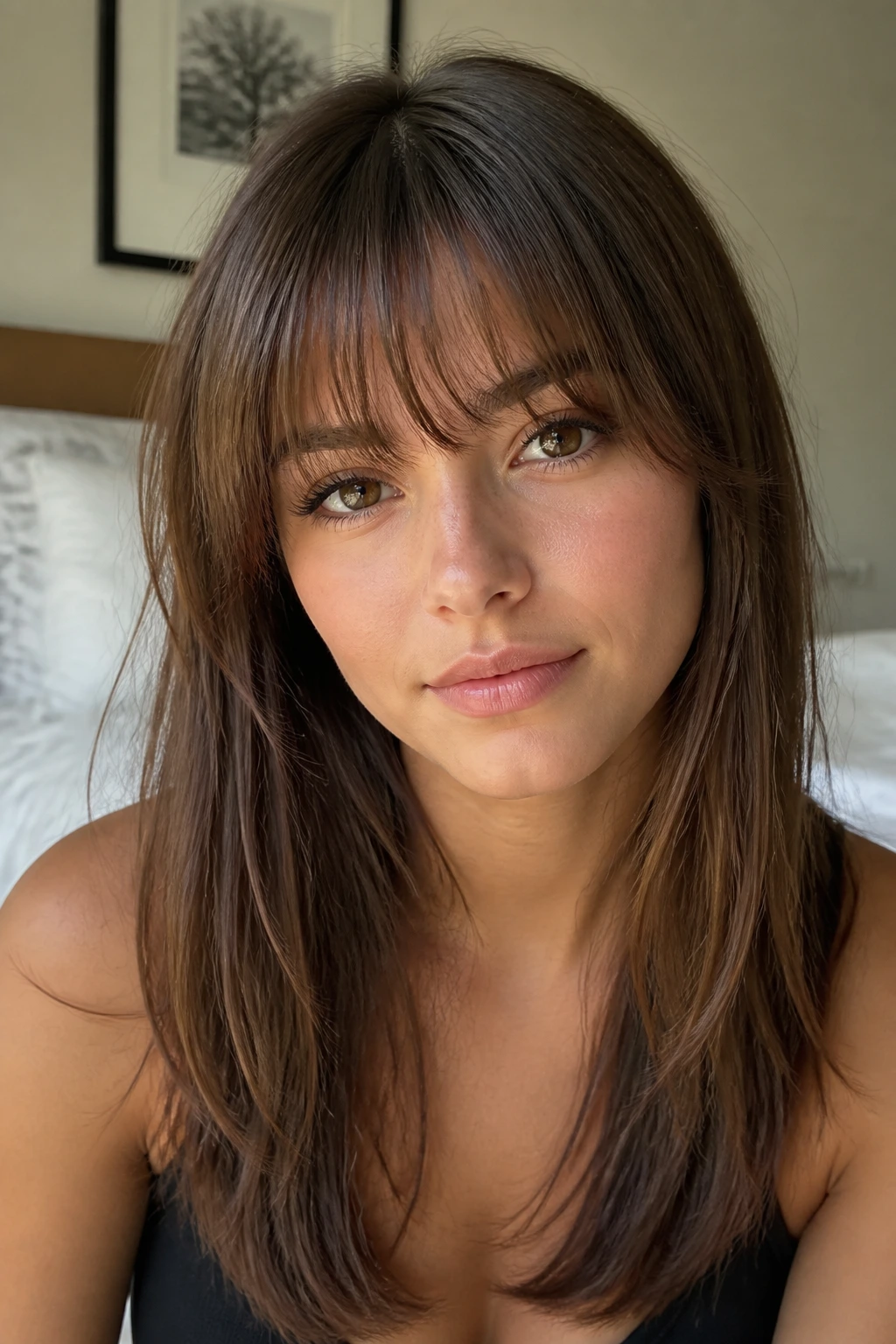 Close-up portrait of a real person with wispy brow-skimming bangs.