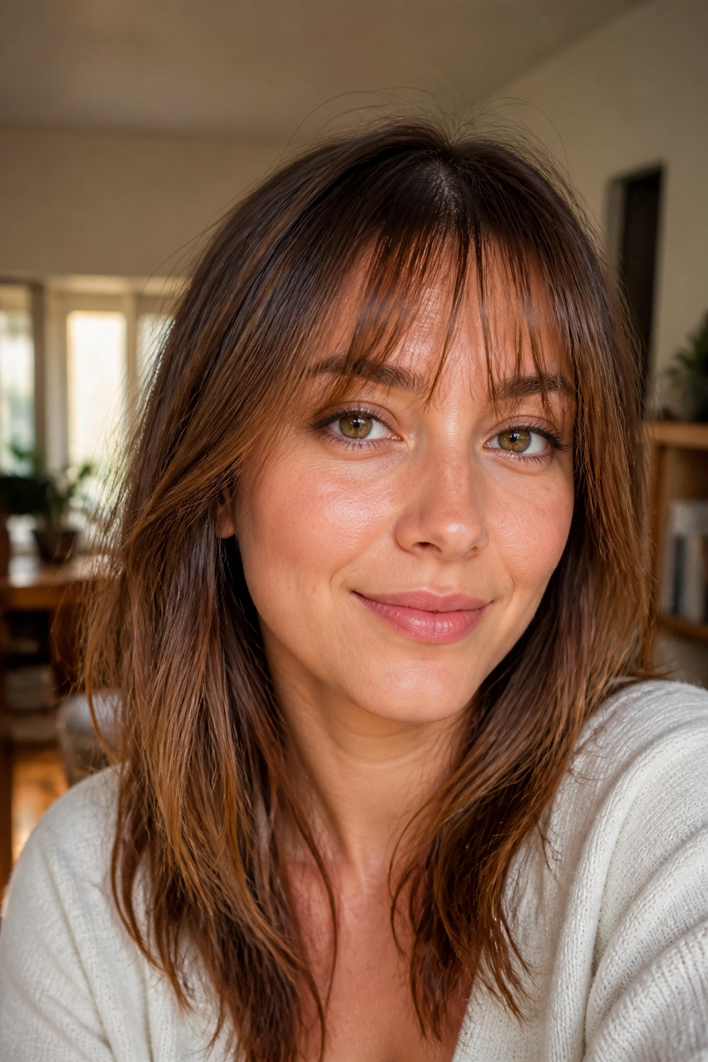Close-up of a real woman with wispy bangs around the eyebrow level
