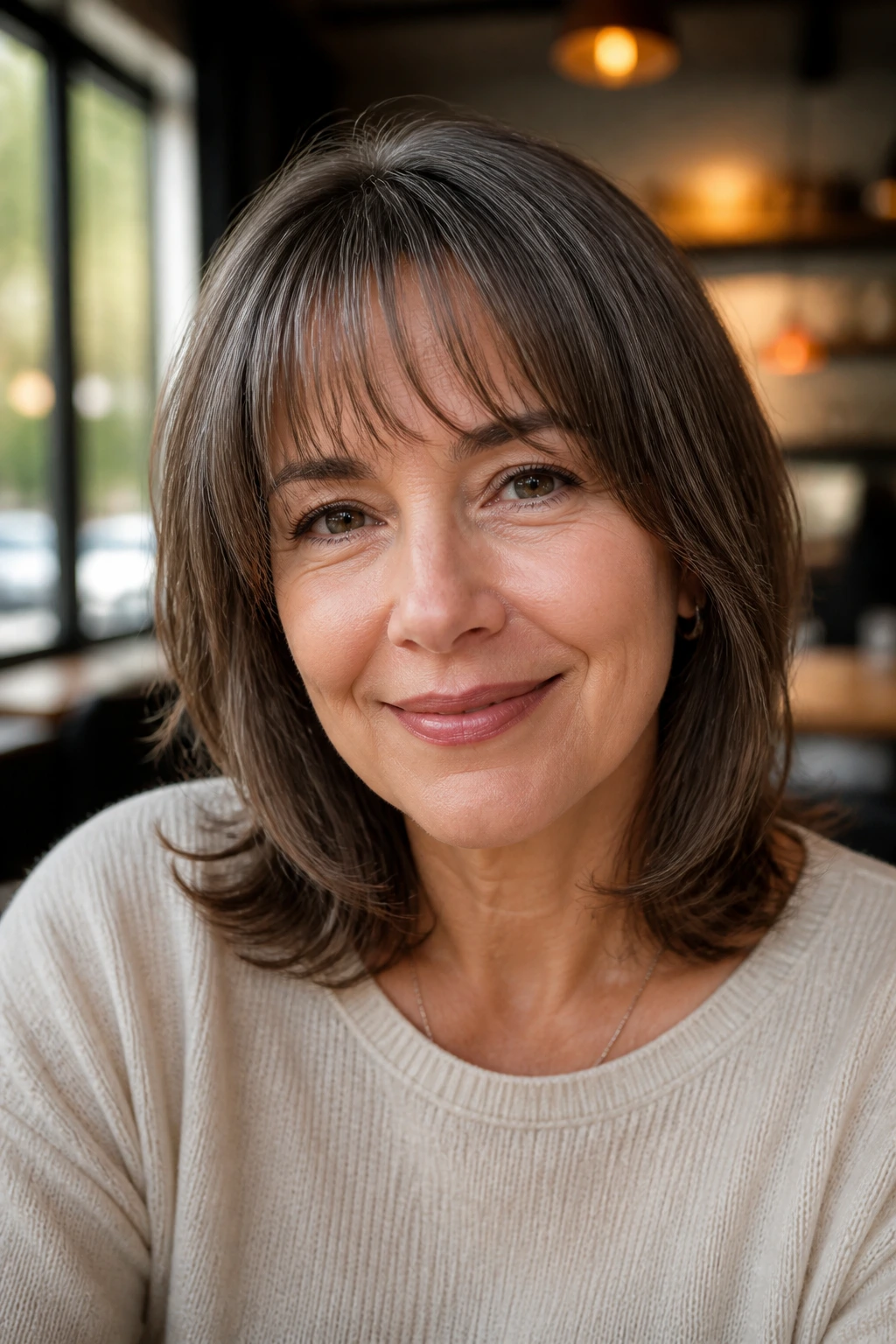 Close-up of a real woman with wispy bangs and rounded ends on shoulder-length hair