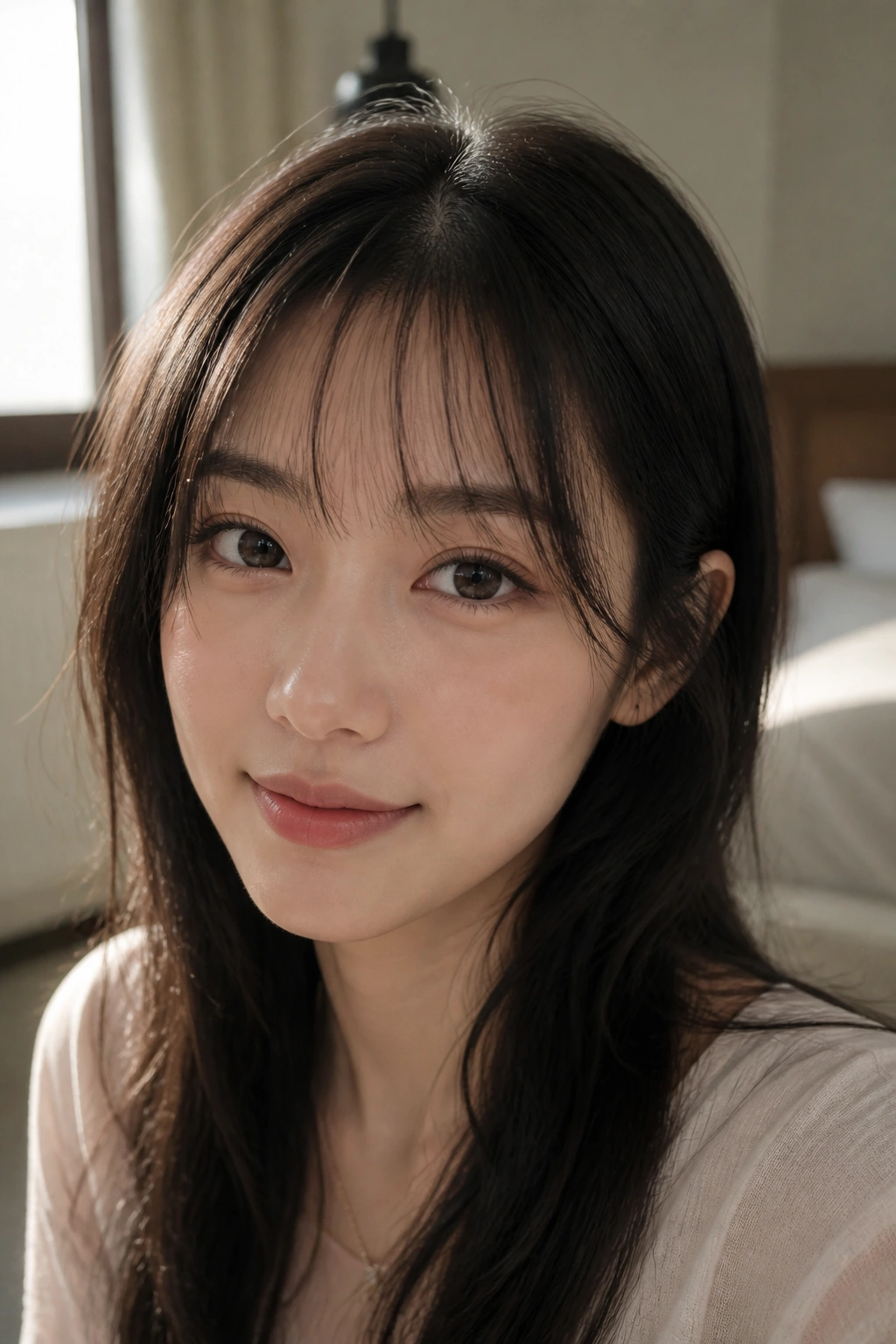 Real woman with wispy see-through bangs barely grazing forehead