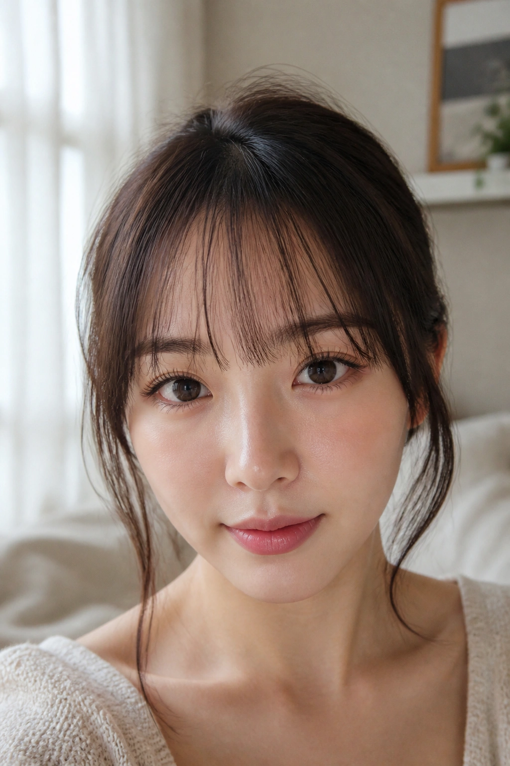 Close-up portrait of a real woman with wispy see-through bangs under soft window light.