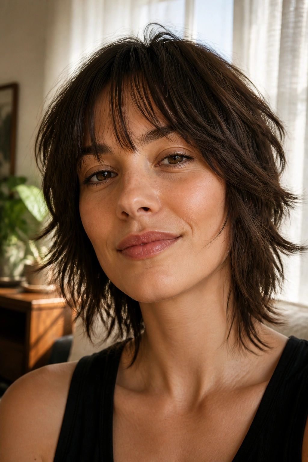 Portrait of a real woman with wispy bangs shag and soft forehead coverage.