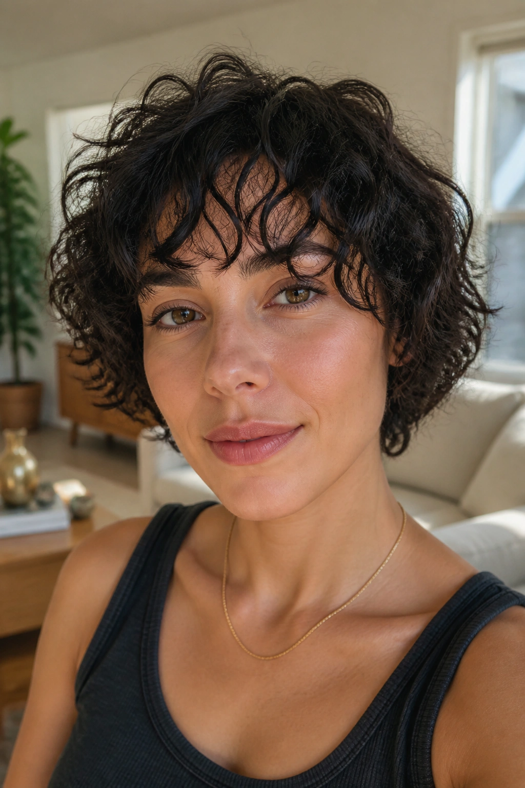Close-up of a real woman with wispy bangs on short curly hair in a bright living room.