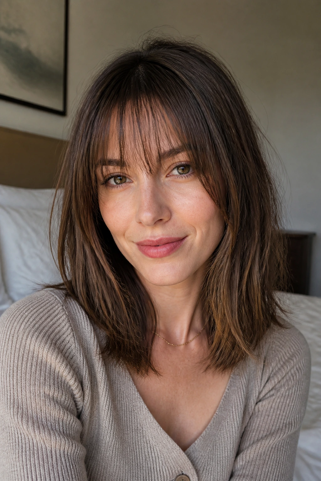 Portrait of a real woman with wispy bangs shoulder cut and softly waved lengths.