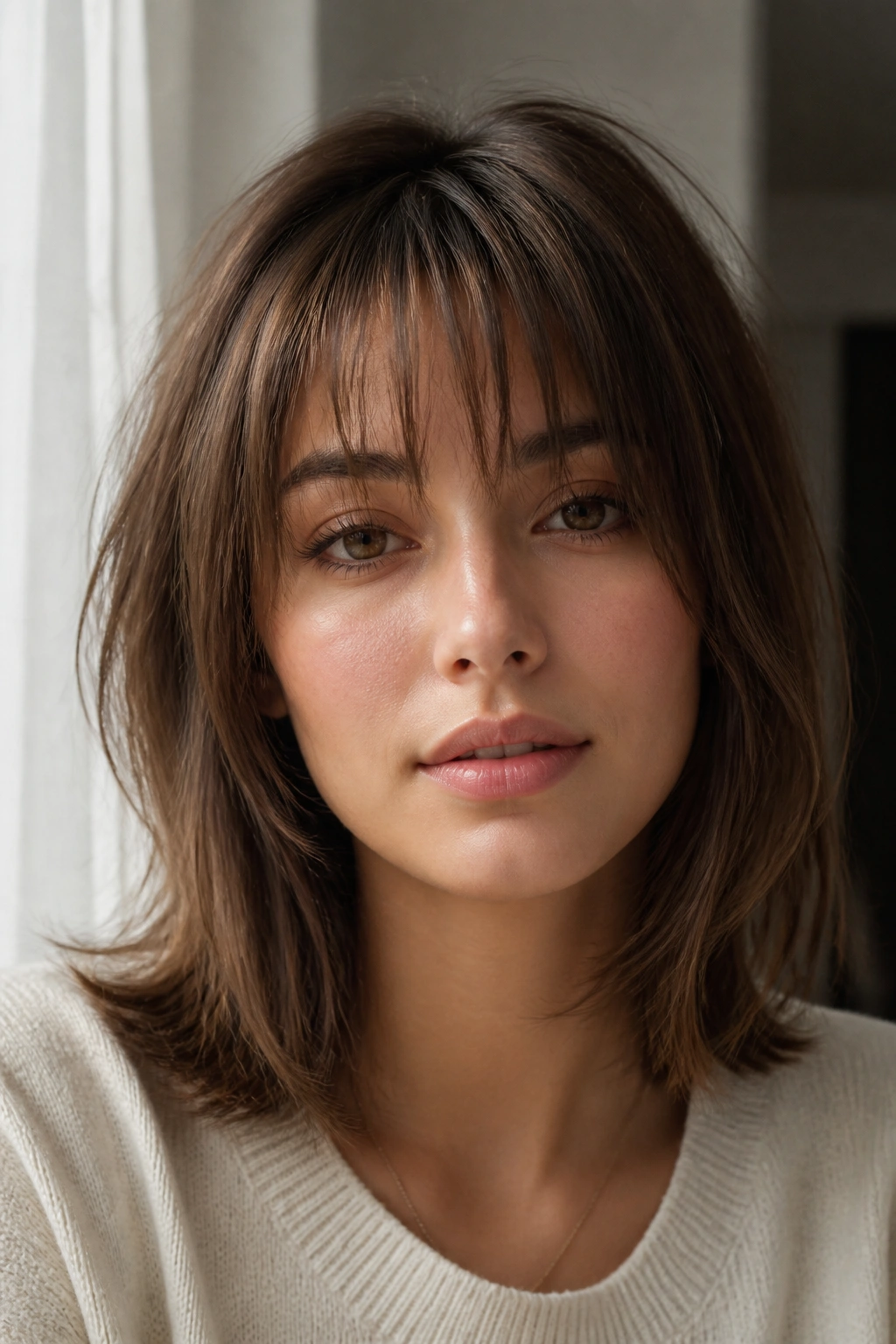 Portrait of a person with wispy bangs and shoulder-length hair