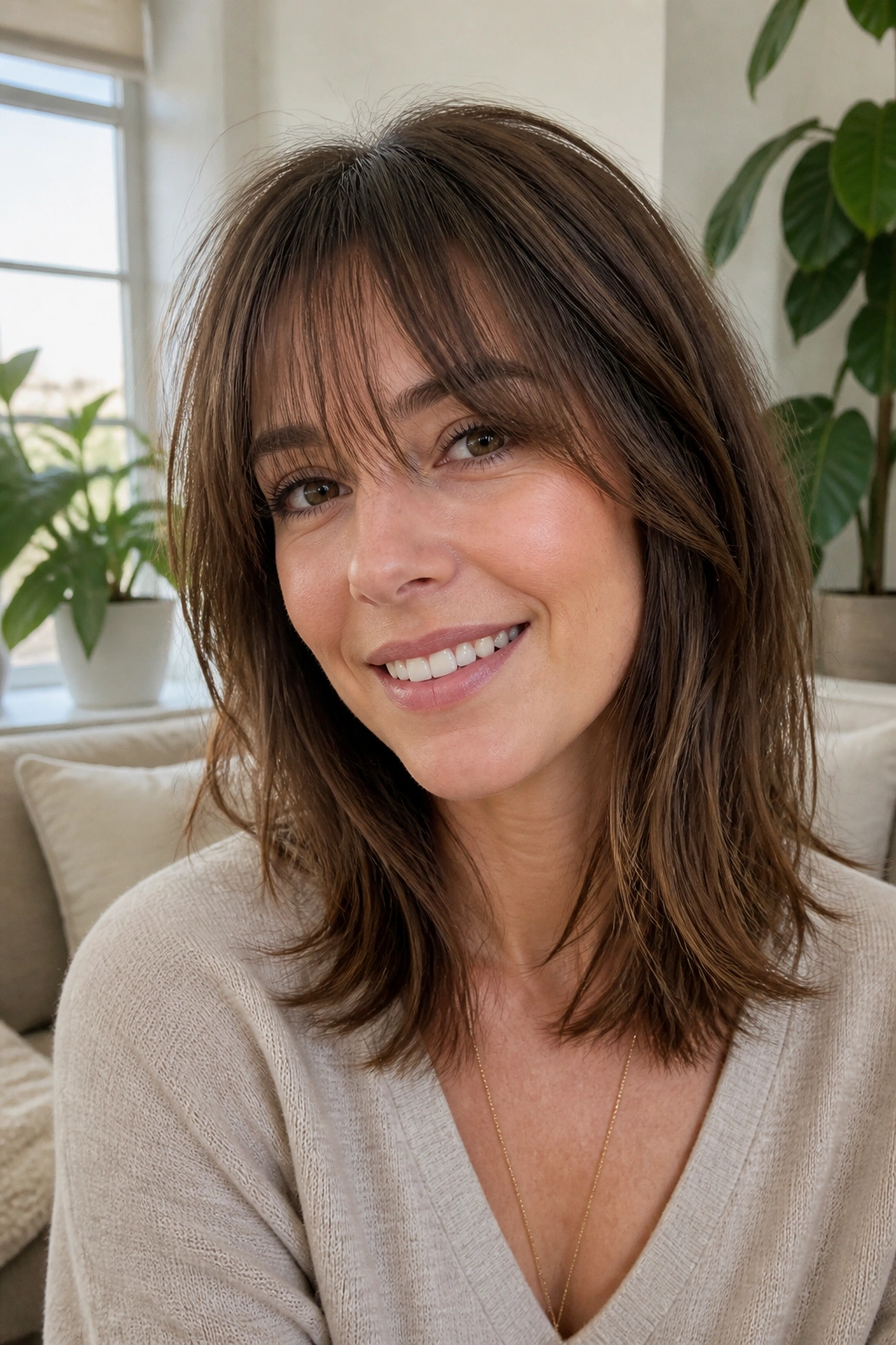 Close-up of a real woman with wispy bangs and shoulder-length layered hair.