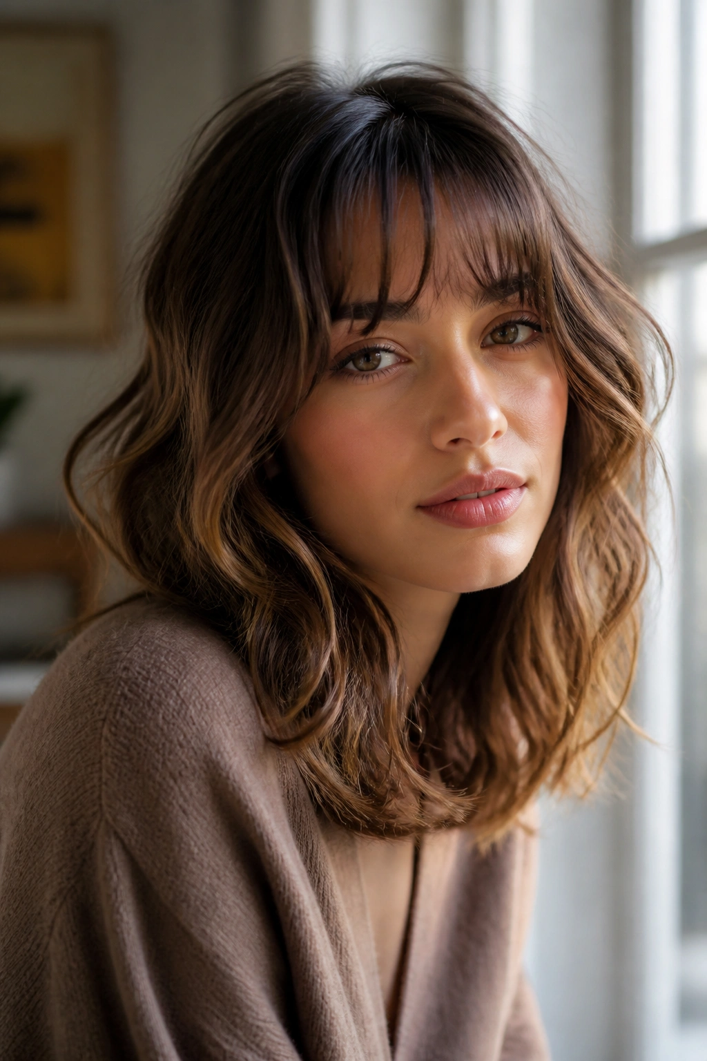Close-up of a woman with wispy bangs and shoulder-length waves