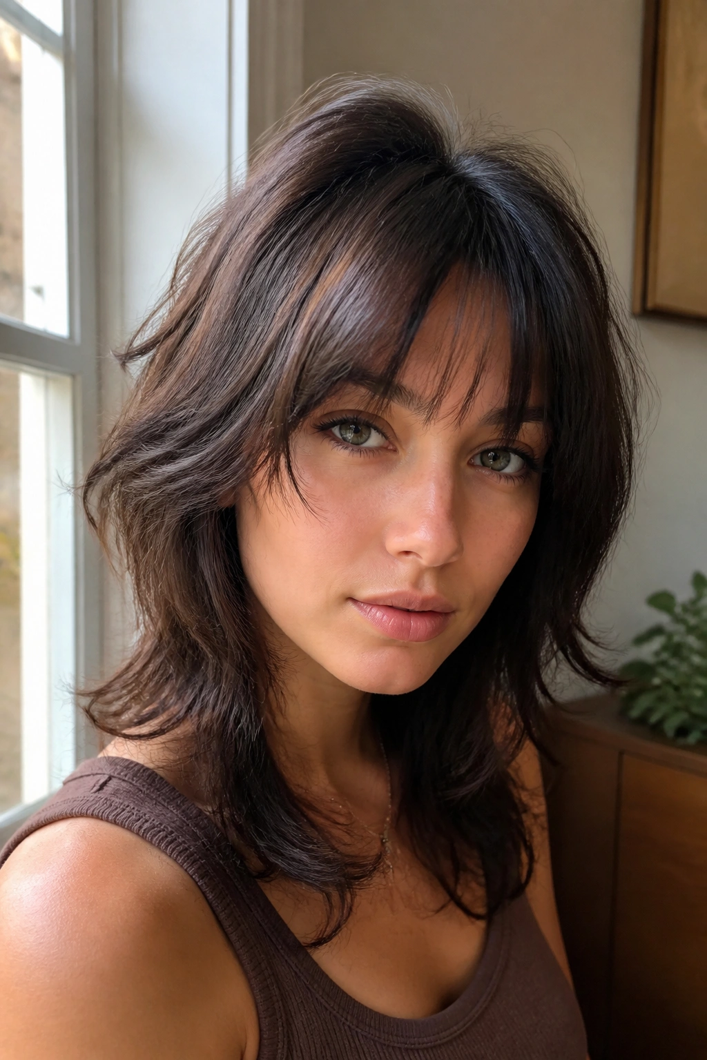Close-up of real woman with wispy see-through bangs and soft wolf cut in warm window light