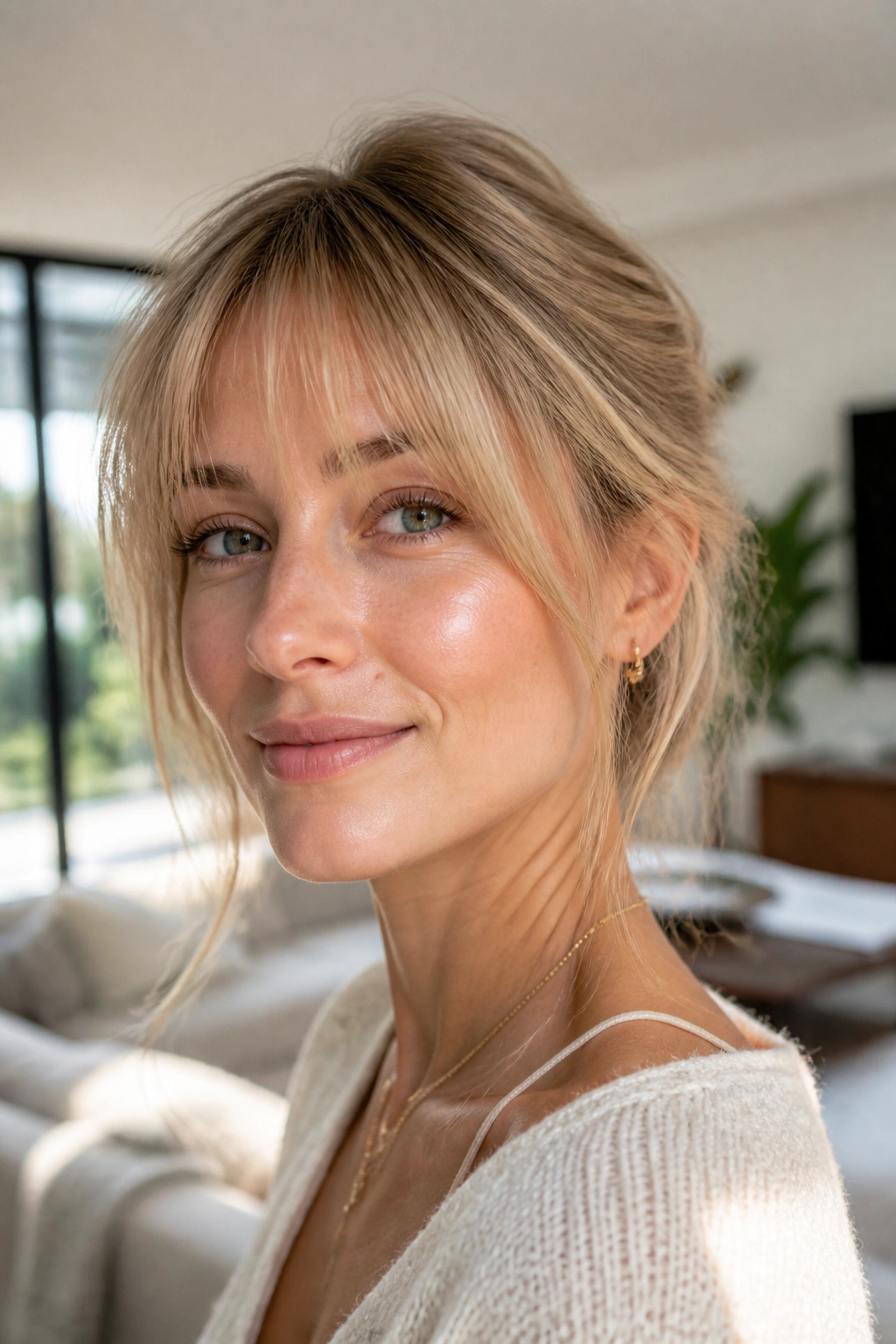 Close-up of a woman with wispy Bardot bangs in bright natural light.