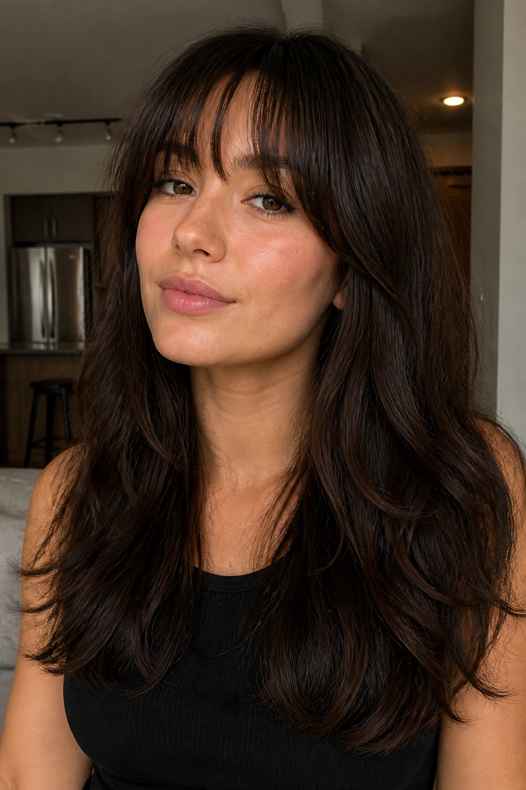 Close-up of a real woman with soft blunt-edge wispy bangs