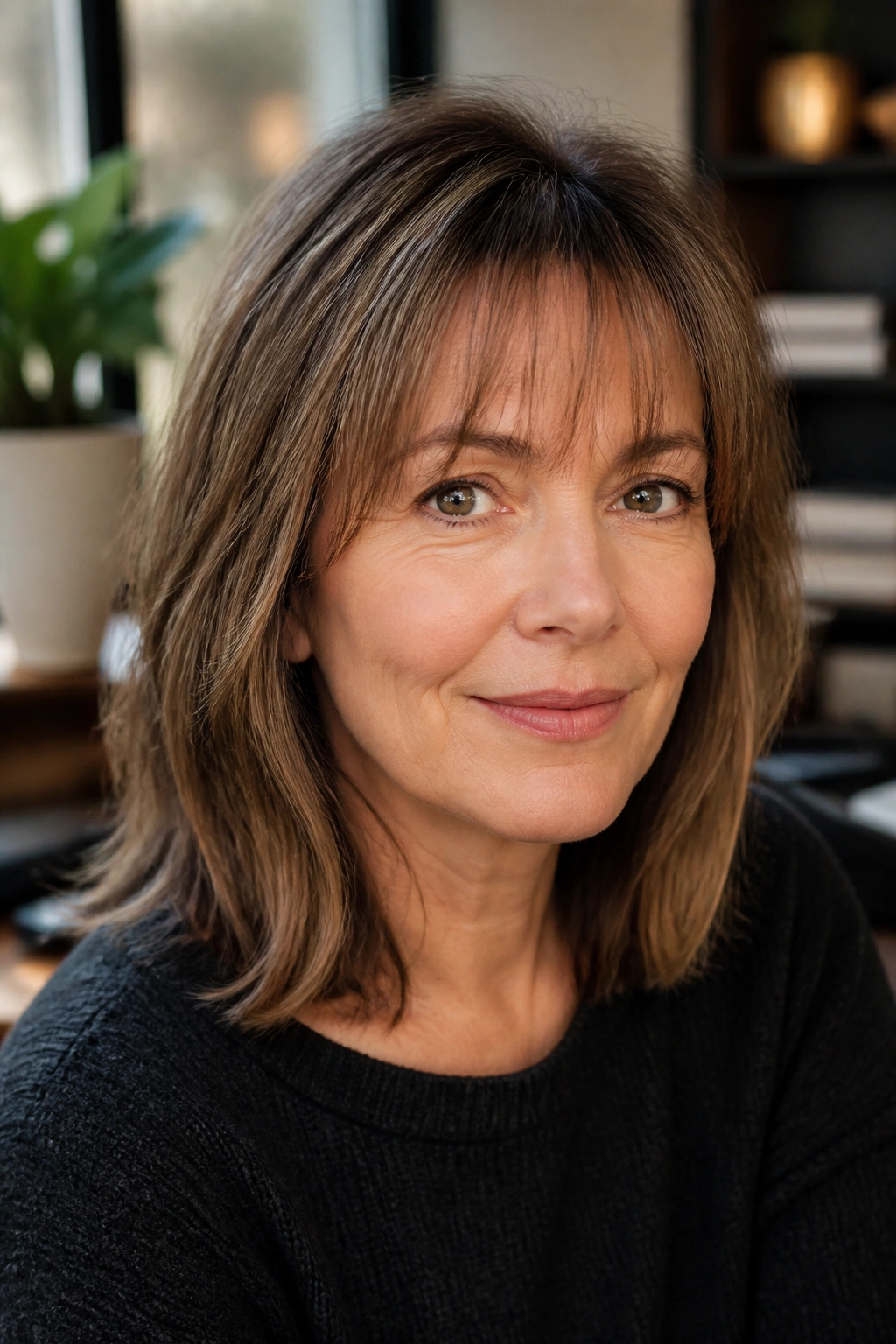 Close-up of a woman with wispy brow-grazing bangs in soft indoor light
