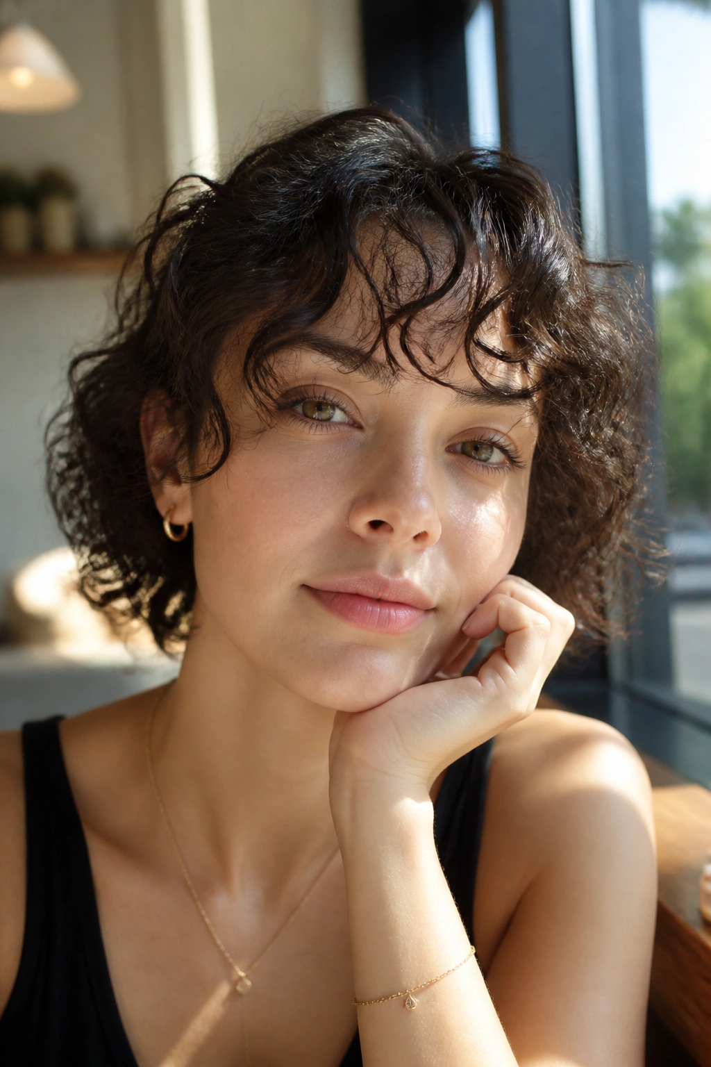 Close-up of a woman with wispy curly bangs and gaps in the fringe in a sunlit cafe setting