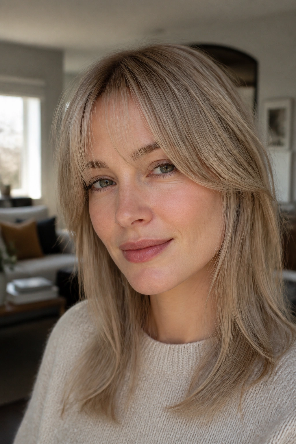 Real woman with wispy curtain bangs on thin hair, close-up portrait