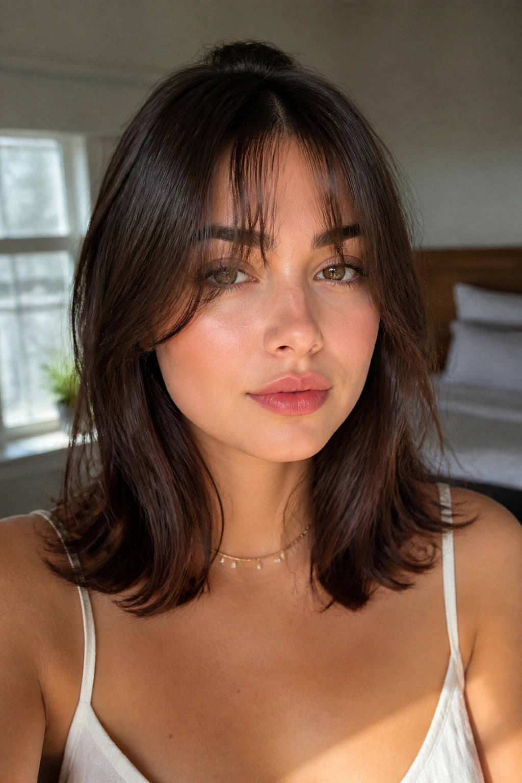 Close-up of a woman with wispy curtain bangs split in the middle