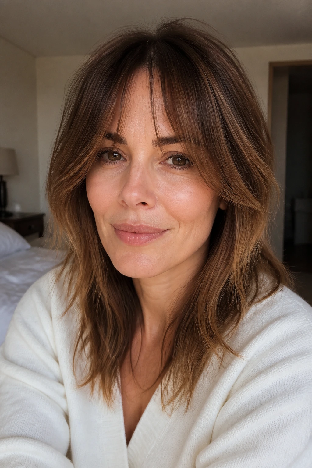 Close-up of a real woman with wispy curtain bangs framing her face.