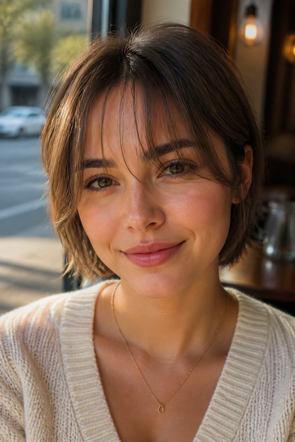 Close-up portrait of a real woman with wispy curtain bangs in sunlit cafe lighting