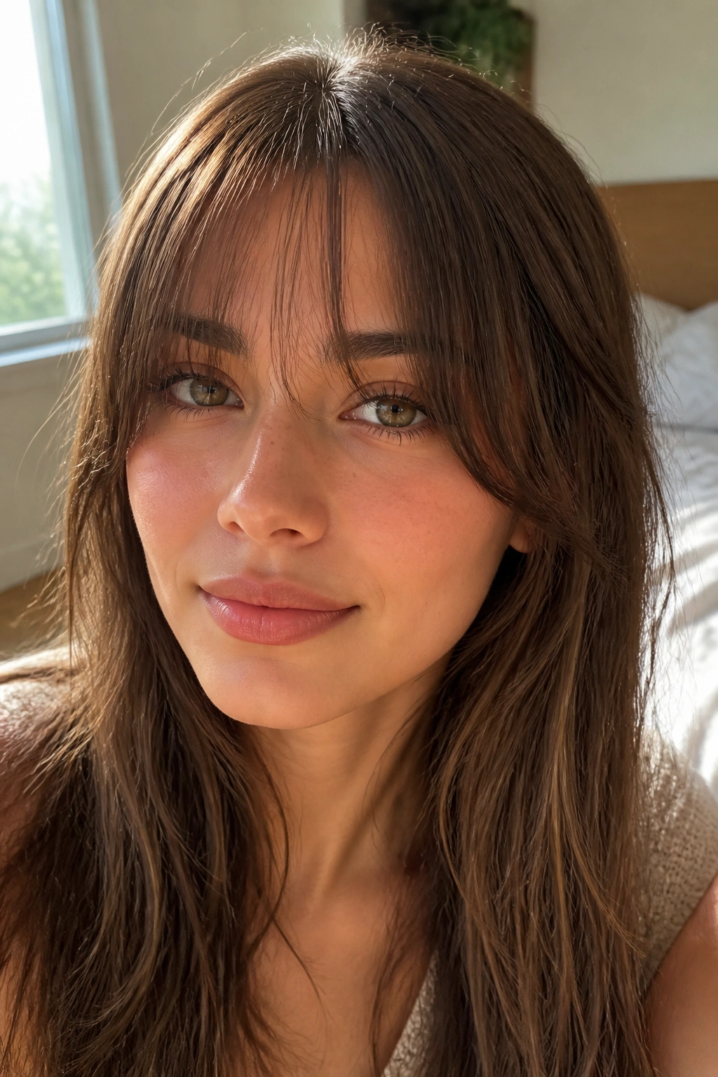 Portrait of a real woman with wispy see-through curtain bangs