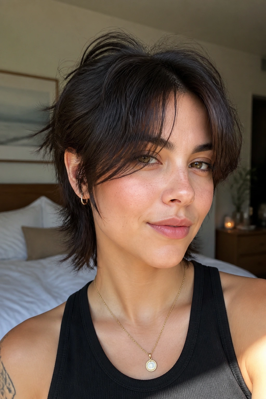 Real person with wispy curtain fringe pixie mullet in a softly lit bedroom
