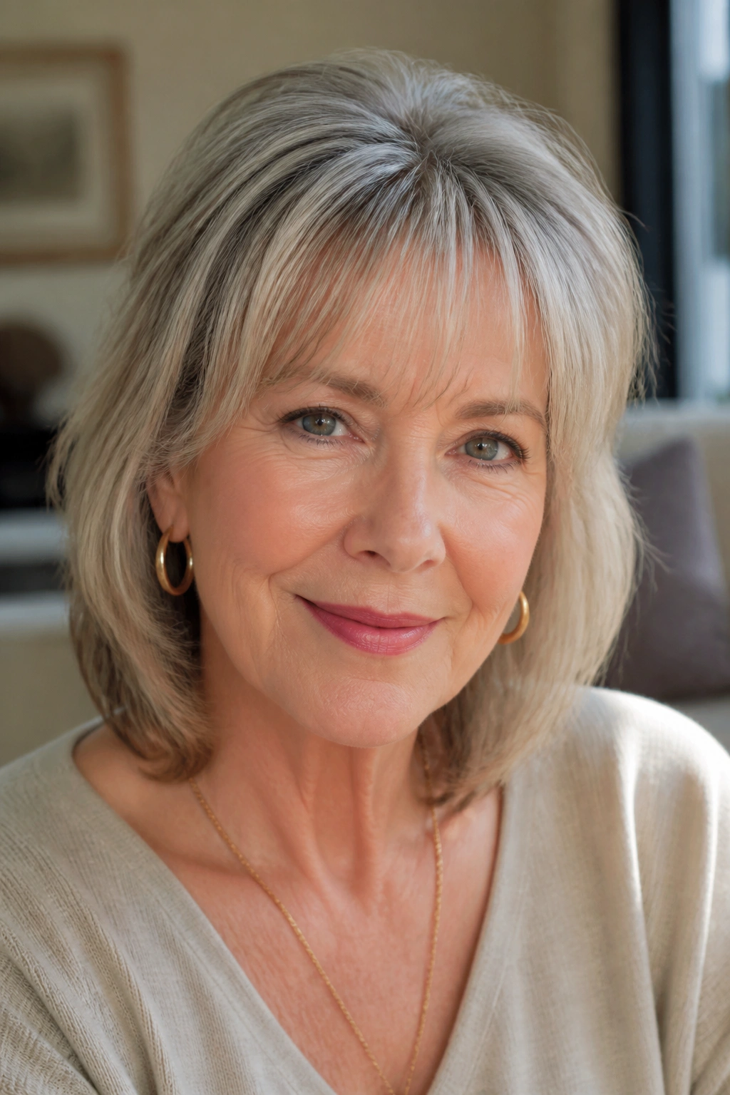 Close-up portrait of an older woman with wispy feathered bangs in soft indoor light