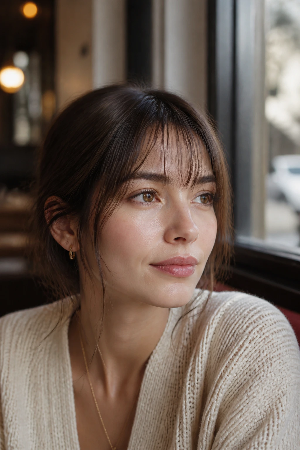 Close-up of a woman with wispy fringe under soft daylight.