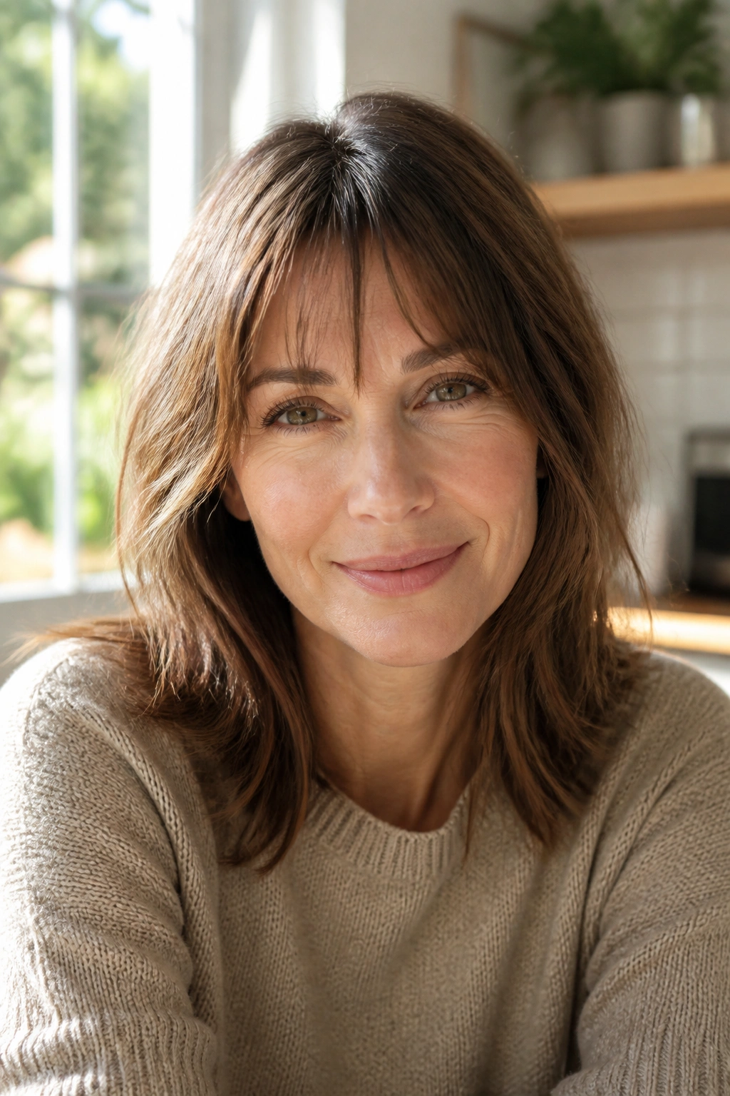 Close-up of a woman with wispy fringe grazing the brow in natural light