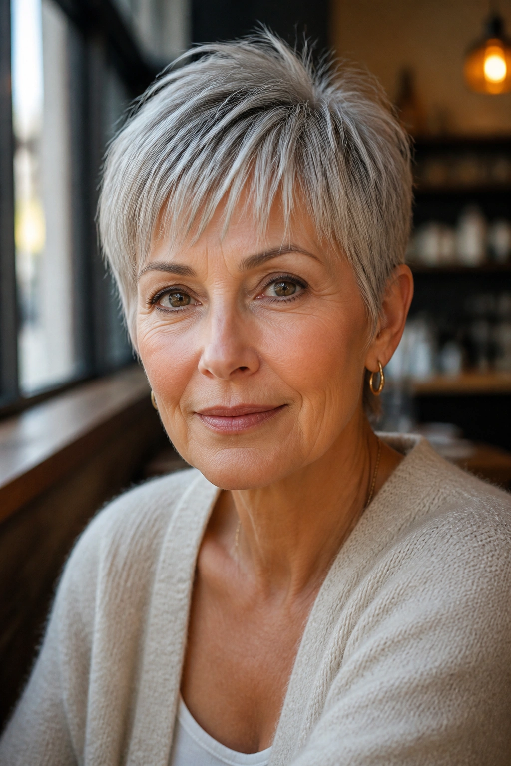 Portrait of a woman with a wispy fringe crop in a cozy cafe