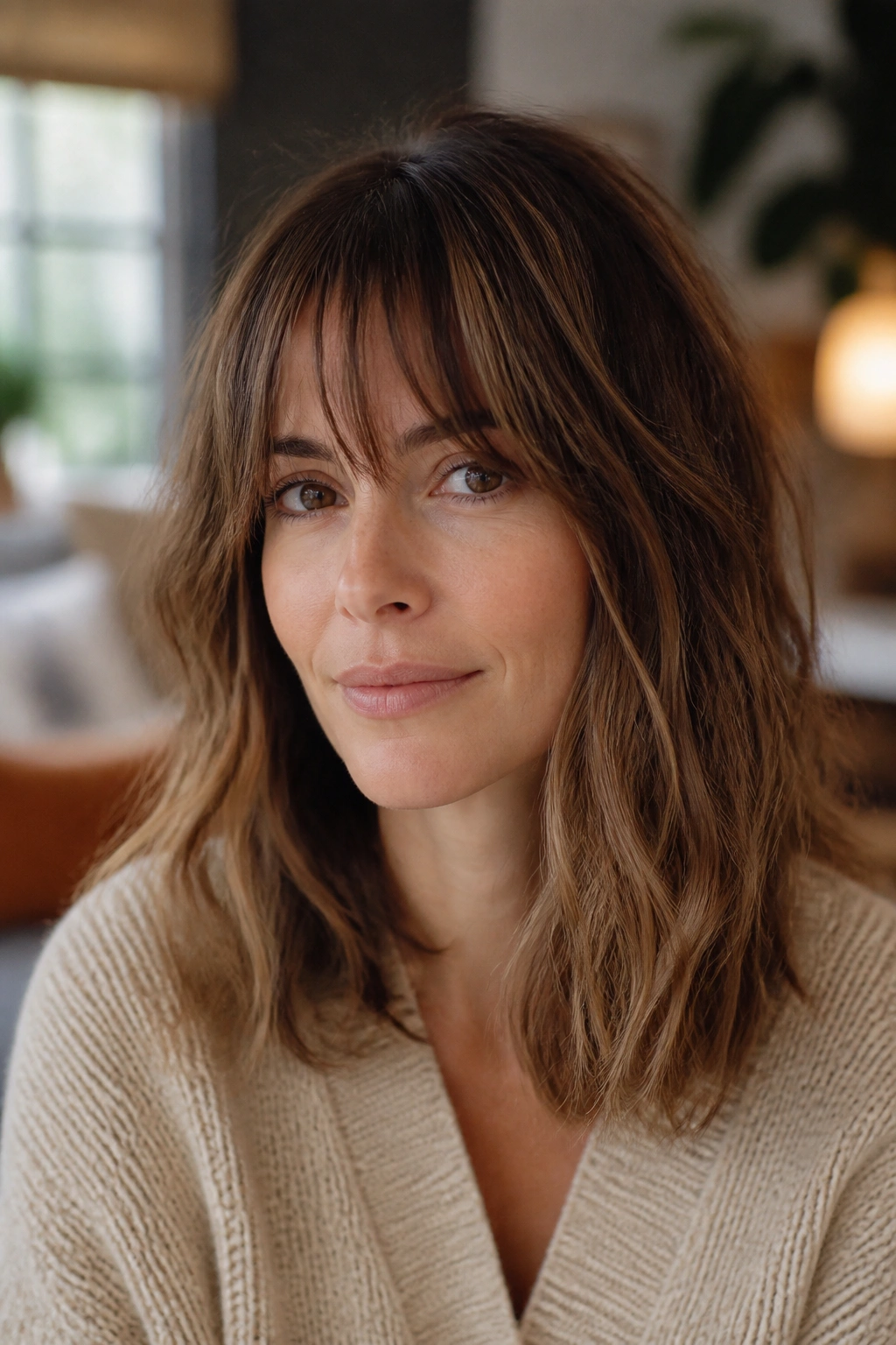 Woman with wispy fringe and long bob in soft window light